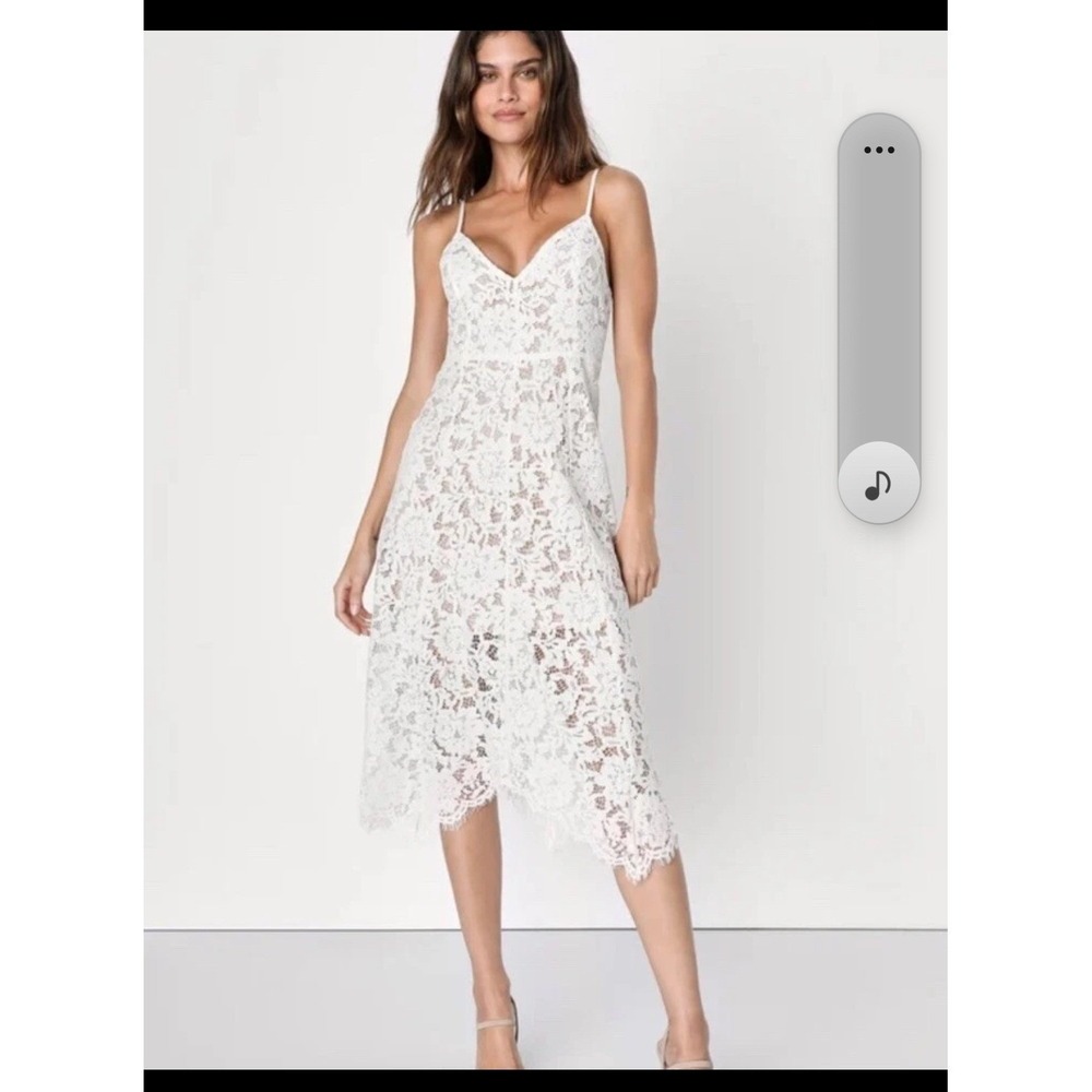 Lulus Love Poem White Floral Lace V-Neck Midi Dress Handkerchief Hem Nude Lining